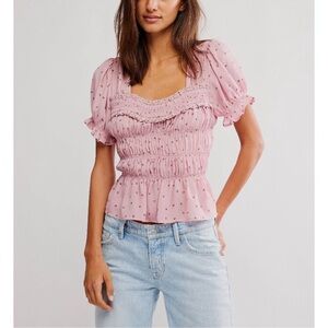 NWT Free People Adore You Printed Puff-Sleeve Blouse - Bleached Mauve Combo